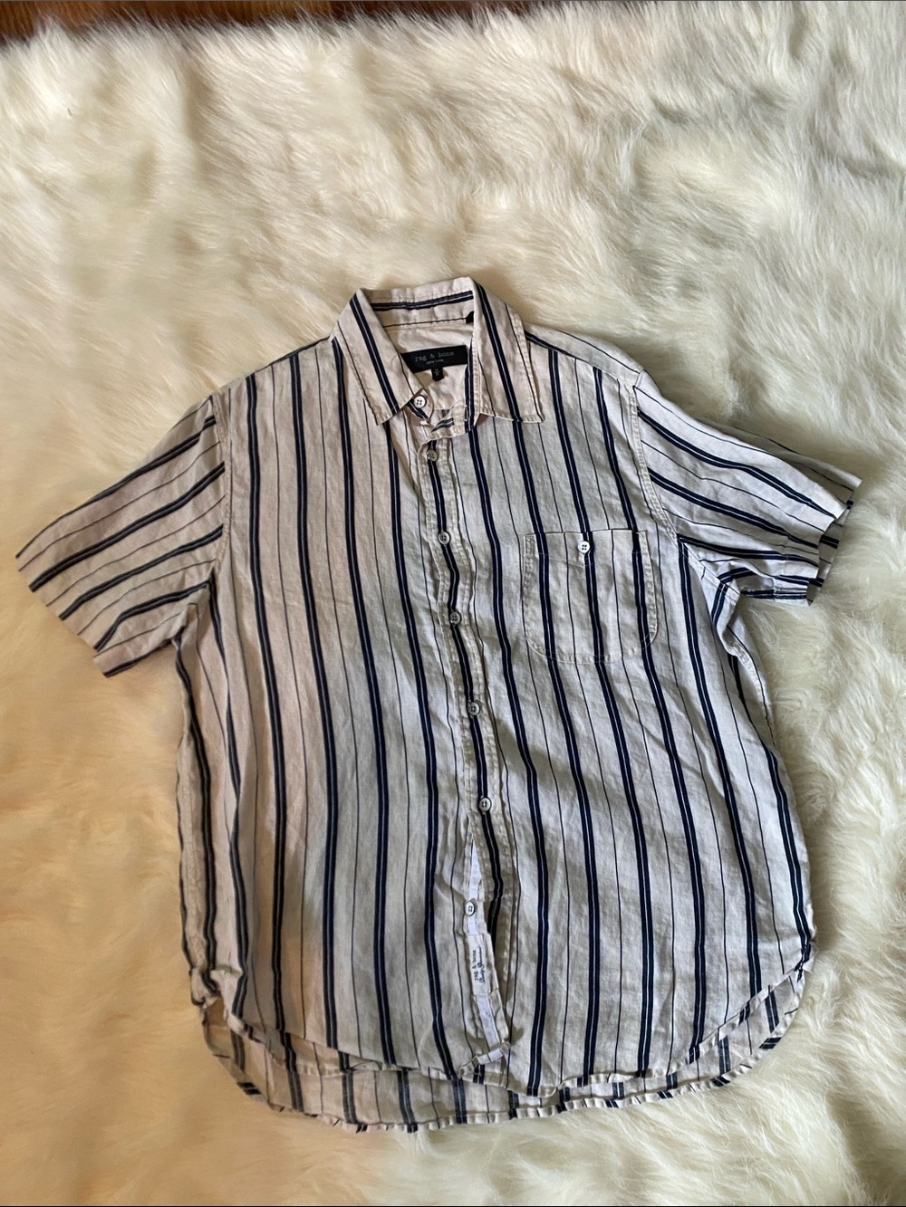 rag & bone White Short-Sleeve Button-Down with Navy Stripe
